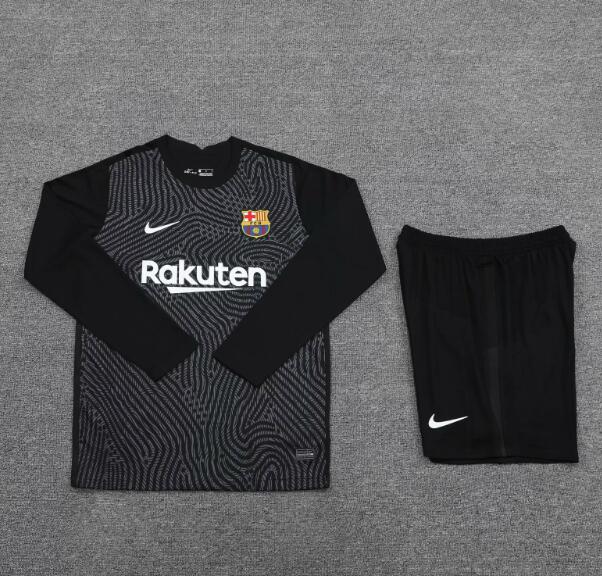 Barcelona Long Sleeve Black Goalkeeper Soccer Jersey Kits (Shirt+Shorts) 2020/21