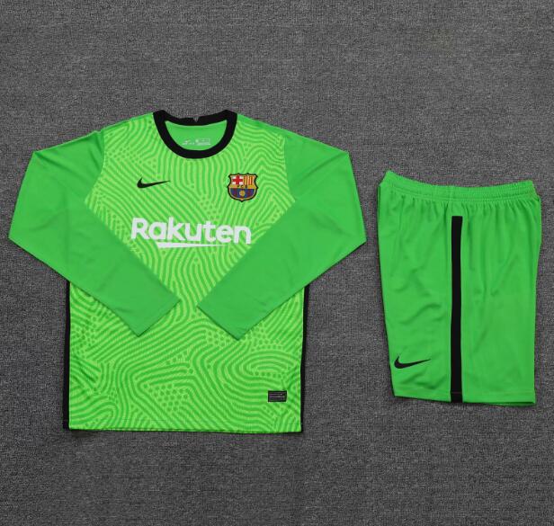 Barcelona Long Sleeve Green Goalkeeper Soccer Jersey Kits (Shirt+Shorts) 2020/21