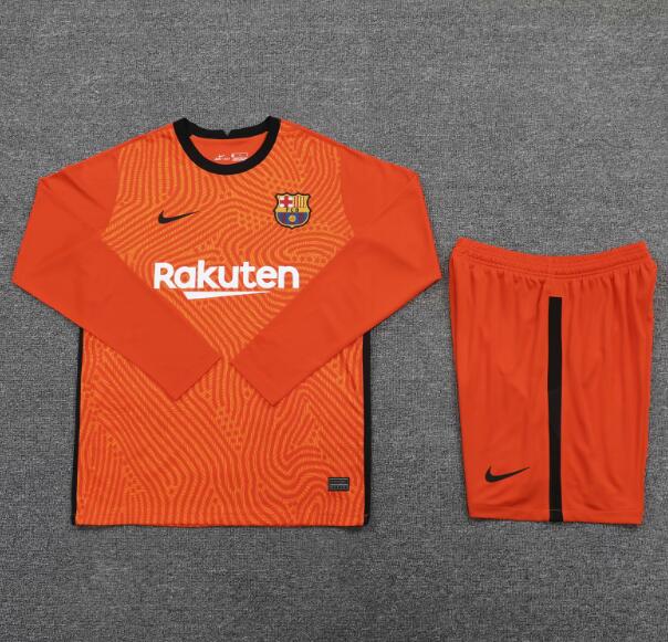 Barcelona Long Sleeve Orange Goalkeeper Soccer Jersey Kits (Shirt+Shorts) 2020/21