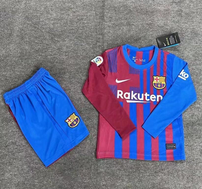 Kids Barcelona 2021/22 Long Sleeve Home Soccer Kits Shirt With Shorts