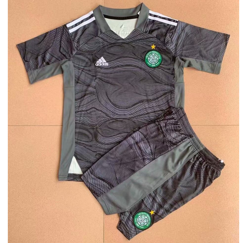 Kids Celtic 2021/22 Gaolkeeper Grey Soccer Kits Shirt With Shorts