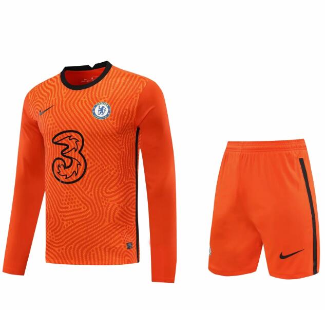 Chelsea Long Sleeve Goalkeeper Orange Soccer Jersey Kits (Shirt+Shorts) 2020/21