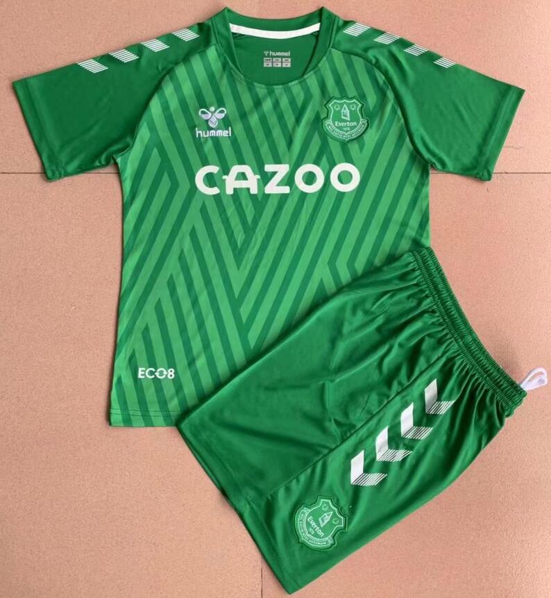 2021/22 Everton Kids Gaolkeeper Green Soccer Jersey Kit Shirt With Shorts