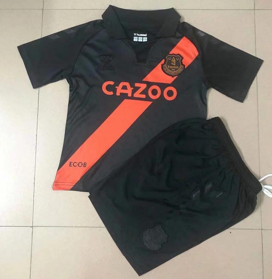 2021/22 Everton Kids Away Black Soccer Jersey Kit Shirt With Shorts