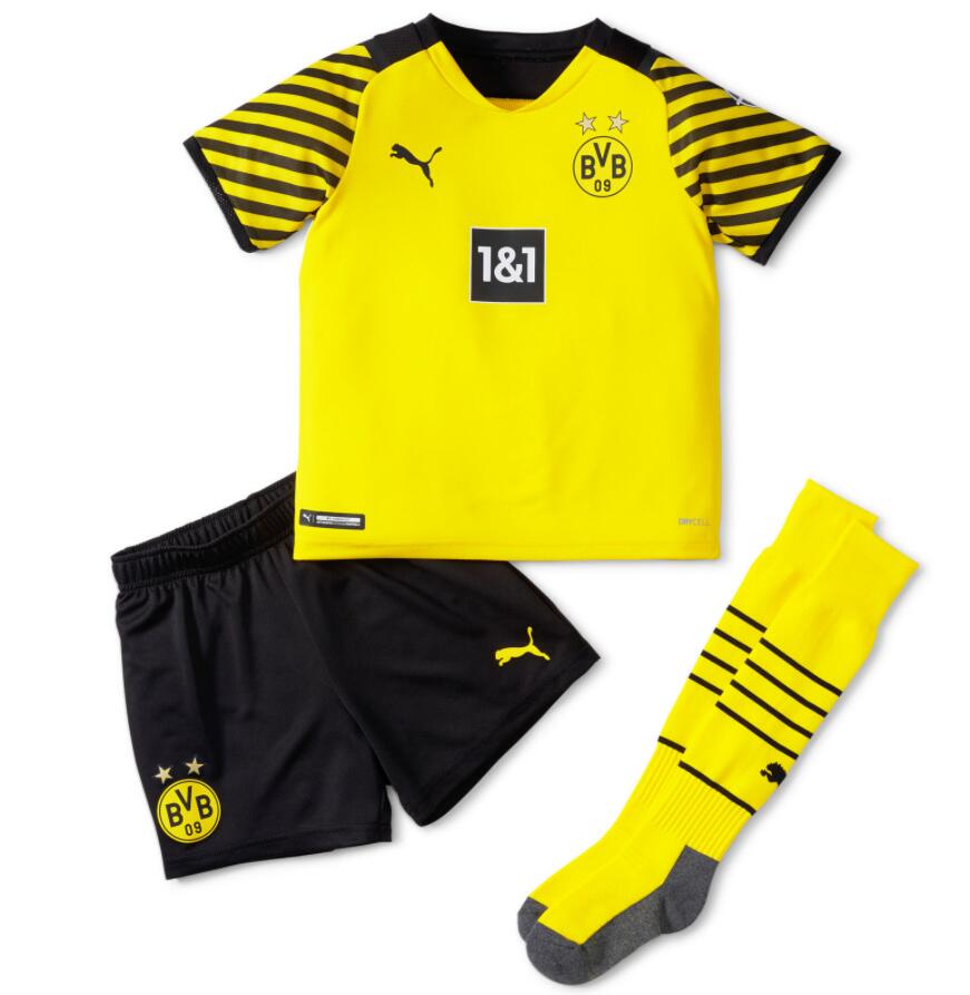 2021/22 Borussia Dortmund Kids Home Soccer Full Kits Shirt & Shorts & Socks