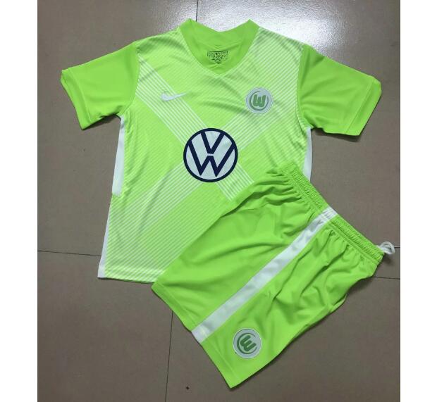 Wolfsburg Kids Home Green Soccer Kits Shirt With Shorts 2020/21