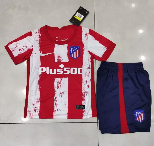 Kids 2021/22 Atletico Madrid Home Soccer Kits Shirt With Shorts