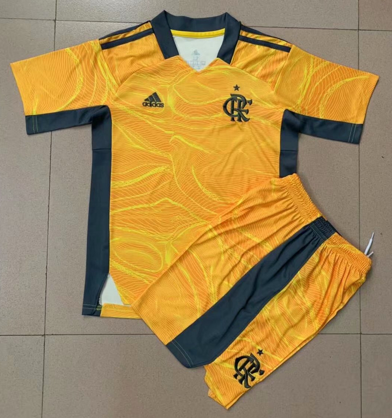 2021/22 Kids Flamengo Goalkeeper Yellow Soccer Kits Shirt With Shorts