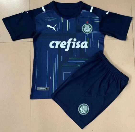 Kids Sociedade Esportiva Palmeiras 2021/22 Blue Goalkeeper Soccer Kits Shirt With Shorts