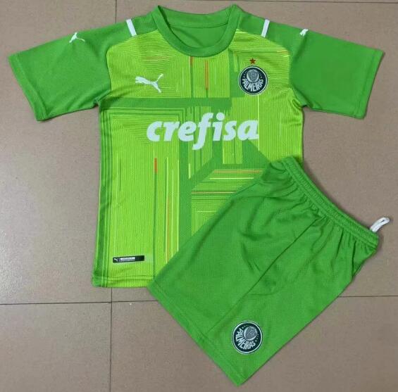 Kids Sociedade Esportiva Palmeiras 2021/22 Green Goalkeeper Soccer Kits Shirt With Shorts