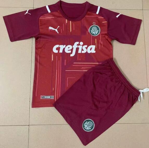 Kids Sociedade Esportiva Palmeiras 2021/22 Red Goalkeeper Soccer Kits Shirt With Shorts