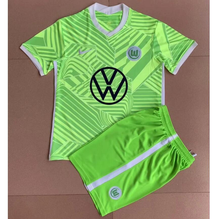 2021/22 Wolfsburg Kids Home Green Soccer Kits Shirt With Shorts