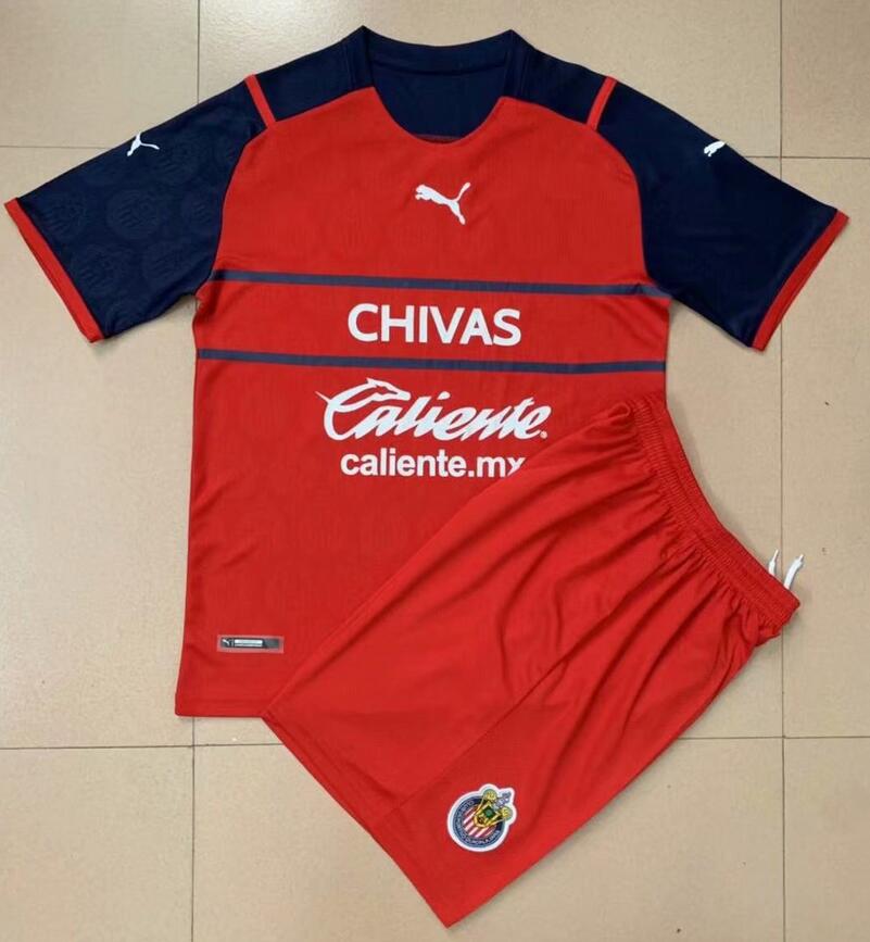 Kids Chivas Deportivo Guadalajara 2021/22 Red Third Away Soccer Kits Shirt With Shorts