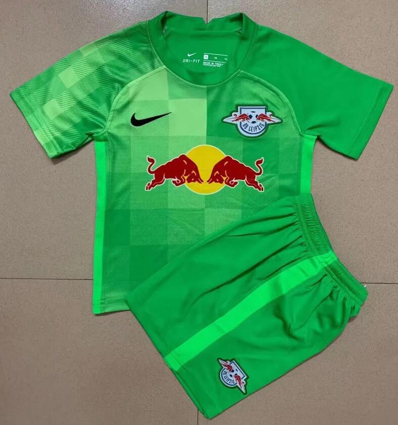 Kids RB Leipzig 2021/22 Green Goalkeeper Soccer Kits Shirt With Shorts