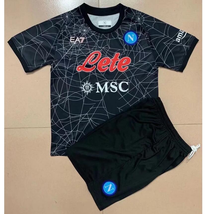 Kids Napoli 2021/22 Black Halloween Maglia Gara Soccer Kits Shirt With Shorts