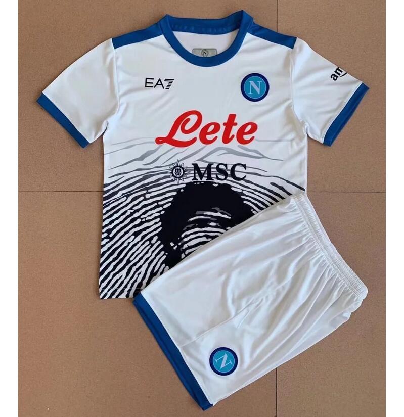 Kids Napoli 2021/22 Maradona White Maglia Gara Soccer Kits Shirt With Shorts