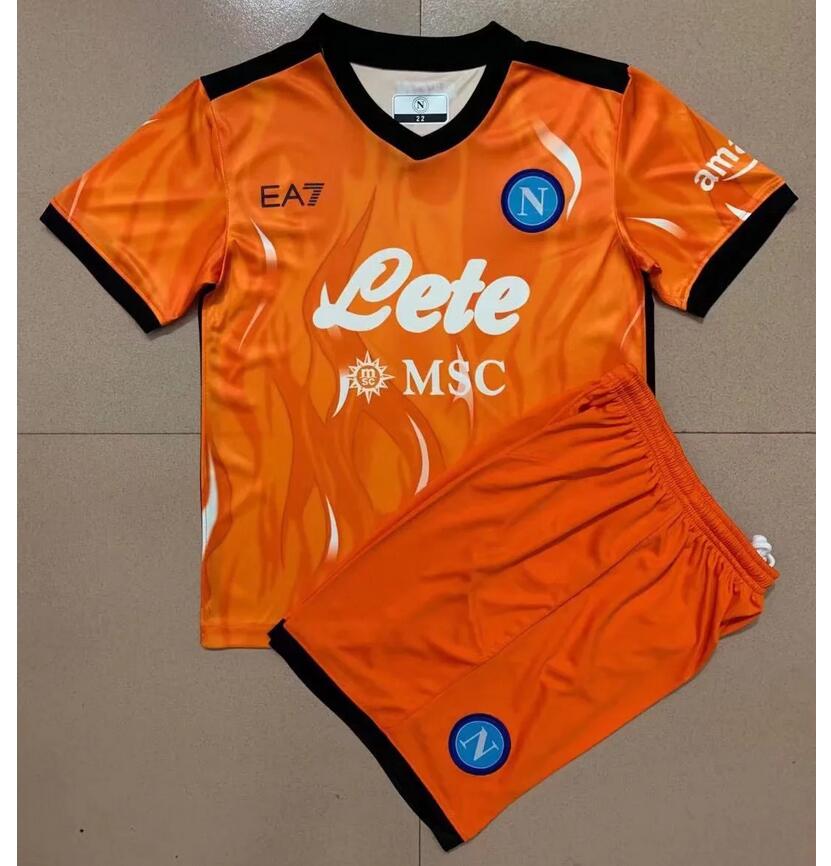 Kids Napoli 2021/22 Orange Goalkeeper Maglia Gara Soccer Kits Shirt With Shorts