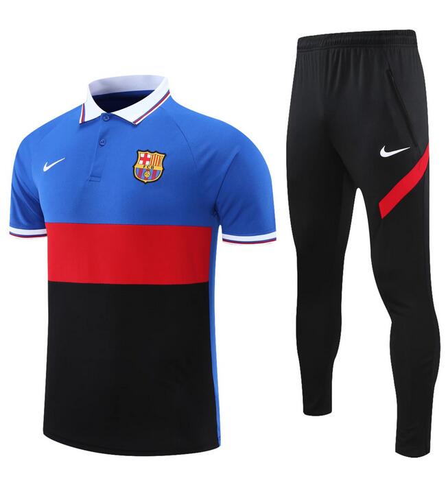 2021/22 Barcelona Black Blue Polo Kits Shirt with Pants