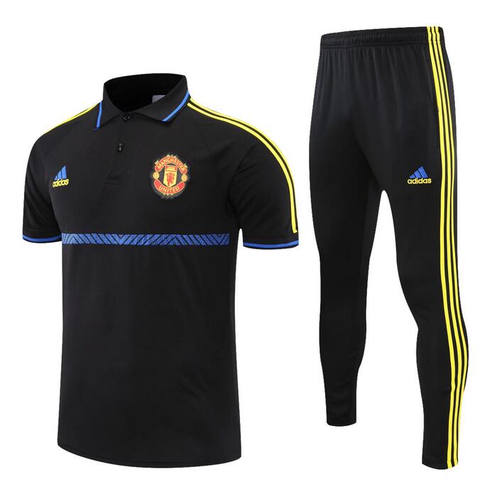 2021/22 Manchester United Black Blue Polo Kits Shirt with Pants