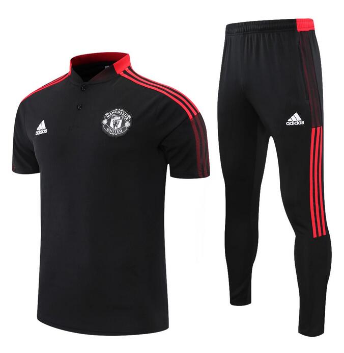 2021/22 Manchester United Black Red Polo Kits Shirt with Pants